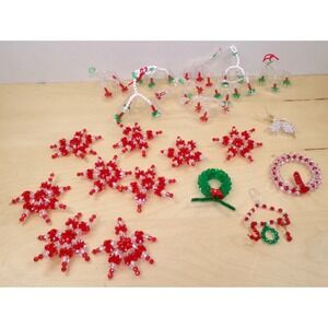 Vintage Handmade Plastic Beaded Christmas Ornaments Wreath Bells Joy Lot of 22